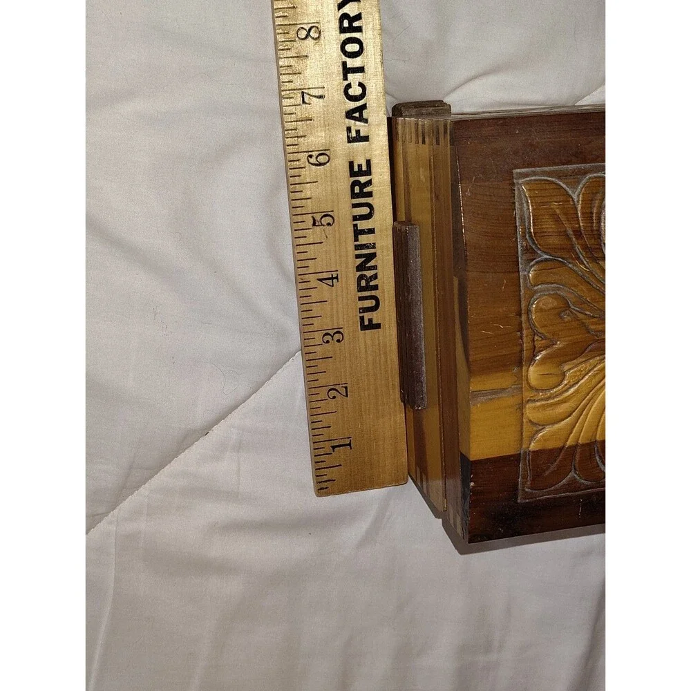 Vintage Mid-Century Carved Cedar Jewelry Box with Cottage Scene Interior Mirror